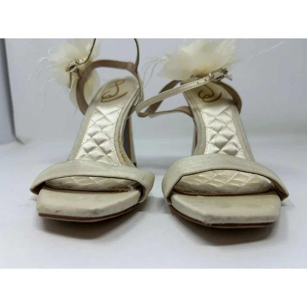 Sam Edelman Womens Ivory Satin Floral Feather Ankle Strap Heel Sandals Square 6